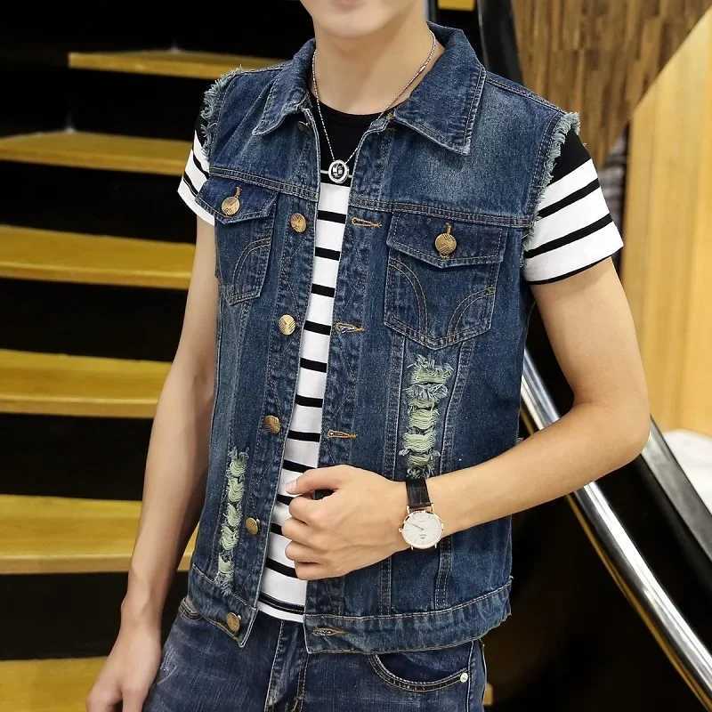 Men Ripped Denim Waistcoats Vests Jackets Light Blue Holes Denim Coats Vests New Fashion Male Cotton Slim Jeans Waistcoats 6XL X250403