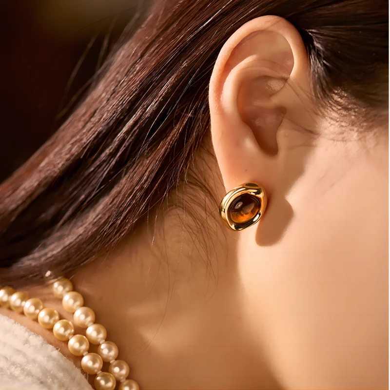 Fashion 18K Gold Plated Irregular Geometric Stud Earrings Waterproof Stainless Steel Nature Stone Pearl Earrings Jewelry C251103