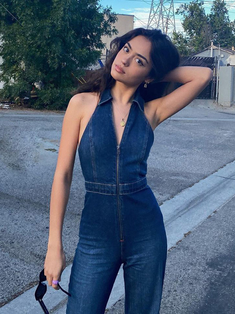 Denim Jumpsuit Women Summer Pockets One Pieces Combinaison Button Down Straight Leg Jeans Long Pants Short Sleeve Vintage Romper