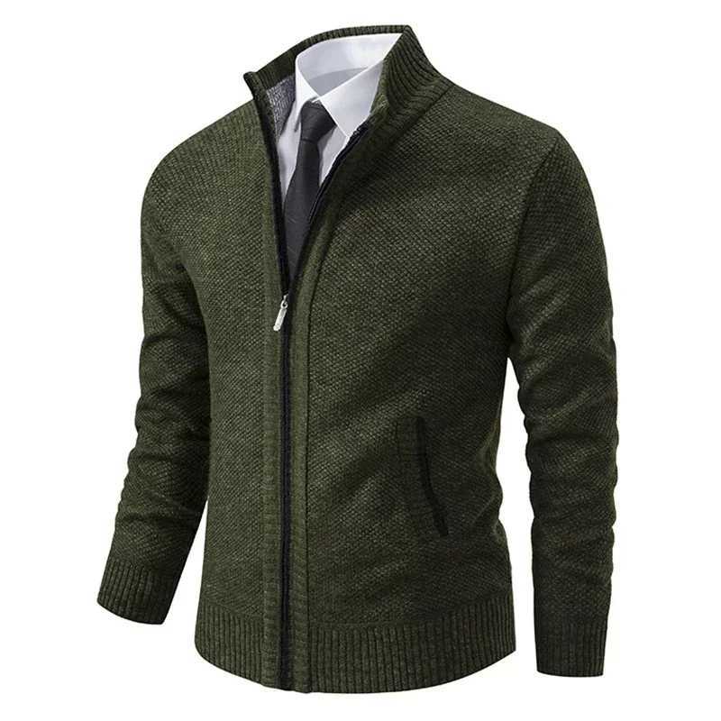 2025 Autumn and Winter New Jersey Mens Casual Sports Coat Solid Color Stand Collar Sweater Grab Fleece Warm Zipper CardiganT251103