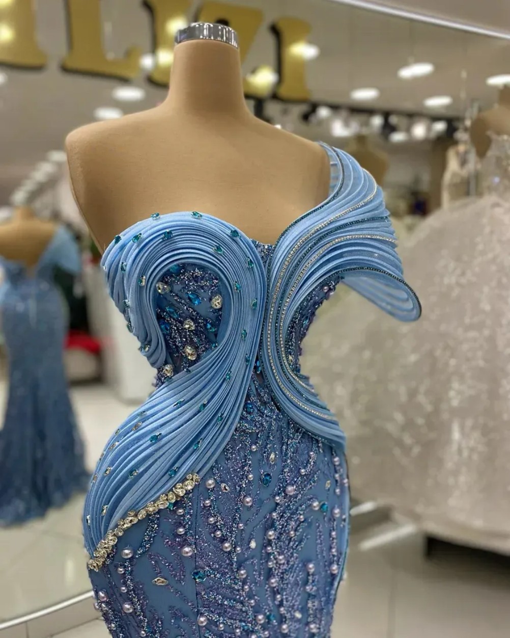 Prom Dresses For Special Occasions Mermaid One Shoulder Beaded Lace Pearls Crystals Birthday Party Gowns Reception Dress Robe De Soiree