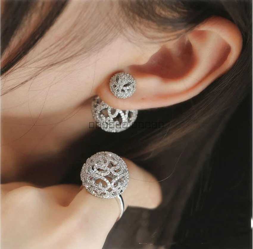 Korean Fashion Miniature Zircon Pave Double sided Hollow Ball Jacket Earrings Suitable for Womens Fashion Clothing Jewelry Pendiente Mujer Y250401