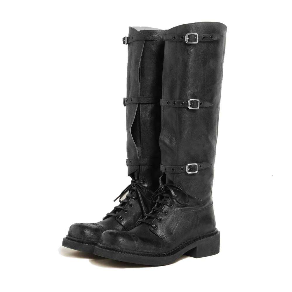 Arden Furtado Autumn platform Lace Up Knight Round toe Pull-on Chunky Heels Belt buckle Knee high boots Motercycle Boots