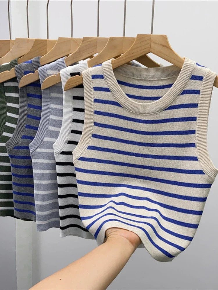 2025 Summer Spring Striped Vest Womens Sleeveless Knitted Tshirt Crop Top Elastic Ultra Thin Casual Zipper 250403e