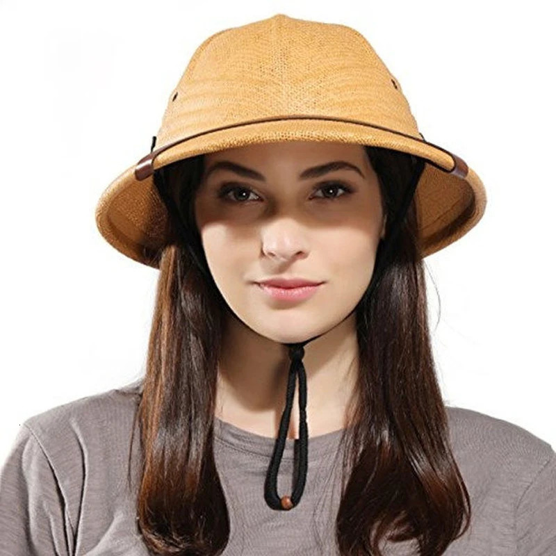 100% Straw Helmet Pith Sun Summer Vieam War Army Hat Dad Boater Bucket Hats Safari Jungle Miners Cap -Fishing Hiking Gard 250326
