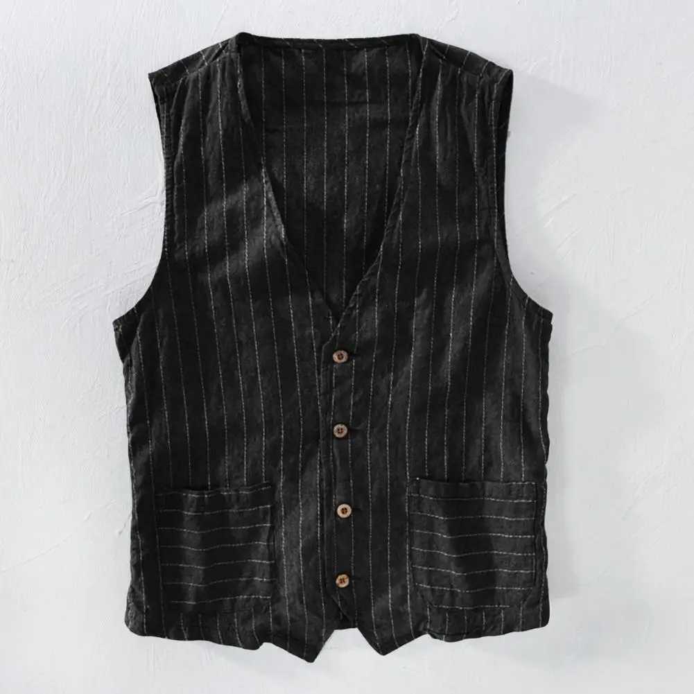 Male Clothing Leisure Suits M-3Xl Summer Linen Vest Thin Vest Men Casual Sleeveless Jacket Stripe Waistcoat X250403