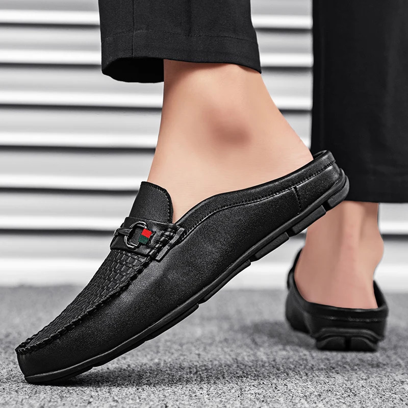 Large Size Mules Men Half Shoes For Man Slippers Leather Mens SemiDrag Casual Shoes Backless Loafers Male Slides Flats Sandals 251031