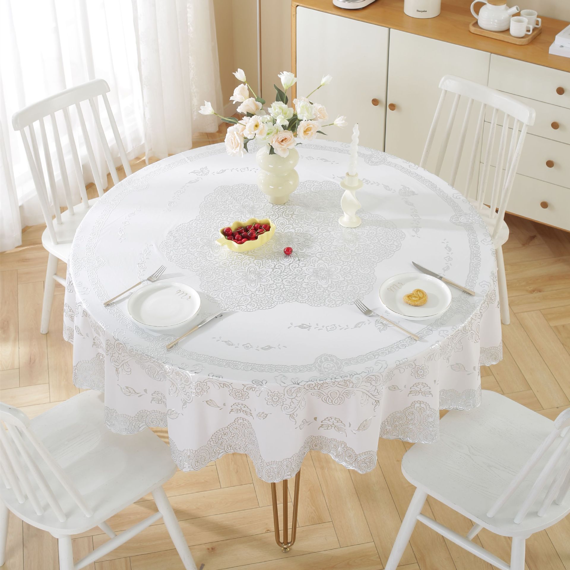 D152 Factory direct European style gold stamping PVC tablecloth household round tablecloth waterproof and oil proof hotel restaurant tablecloth pure w