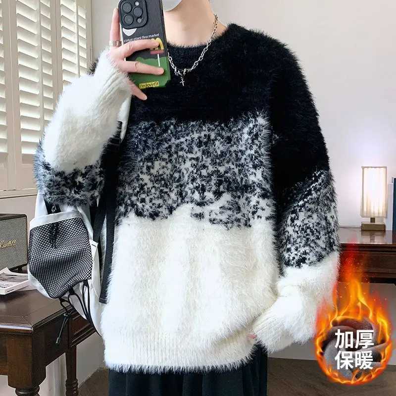 Autumn Winter Mens O Neck Sweater Knitwear Warm Imitation Mink Hair Pullover Loose Gradient Color Casual Plush Thicken SweaterT251103
