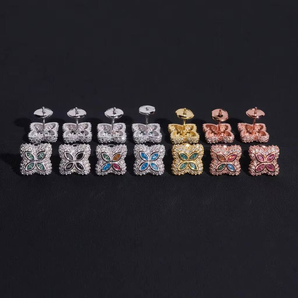 Custom 925 Sterling Silver Colorful Iced Out VVS Moissanite Fourleaf Clover Hip Hop Stud Earrings Pass Diamond Test Men Women