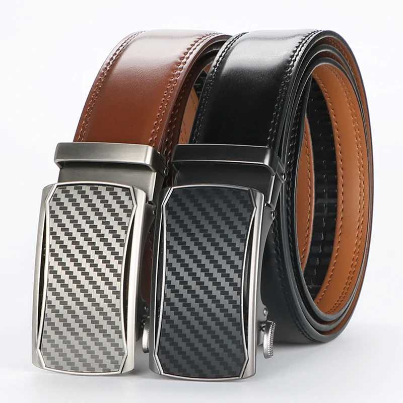 Mens leather ratchet belt - adjustable automatic buckle casual business style high-quality leather panel W250402