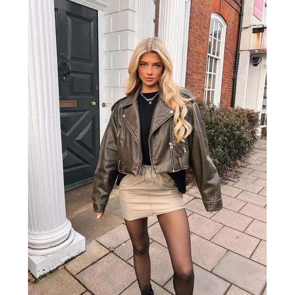 hoodie Women's Wear ZVRI 2024 Women Vintage Loose Pu Faux Leather Short Jacket With Belt Streetwear Female Zipper Retro Moto Biker Coat Outwear T