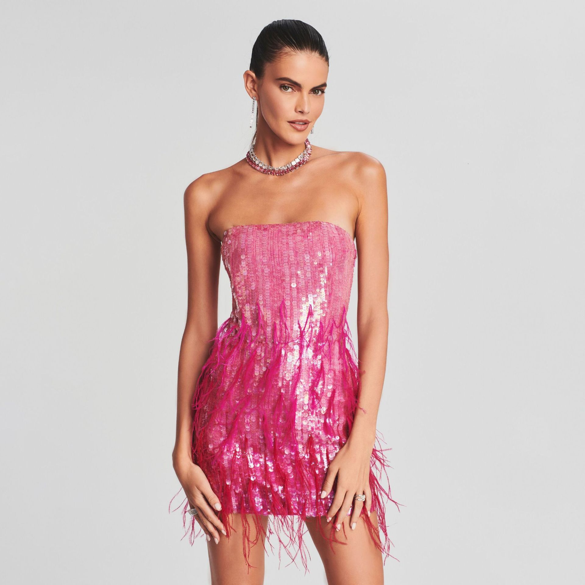 Spring/Summer New Style Mini Dress Pink Hip Wrapping with sequins Splicing Feather Backless Skirt