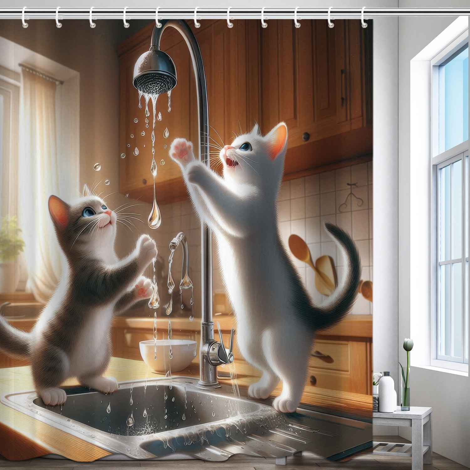 YL-37618 Digital Shower Curtain for Kitty Bathing, Bathroom Dry and Wet Separation, Polyester with Hooks, Isolation Curtain