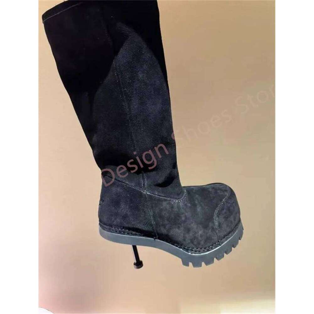 Long Plush Warm Winter Fur For Women Or Men Metal Thin Heels Knee High Height Increasing Shoes Woman Snow Boots 42 43