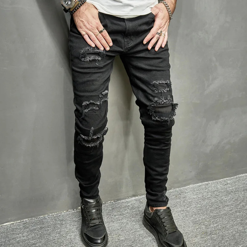 Men Holes Patch Skinny Stretch Pencil Jeans Pants High street Stylish HipHop Male Ripped Slim Denim Trousers 250402