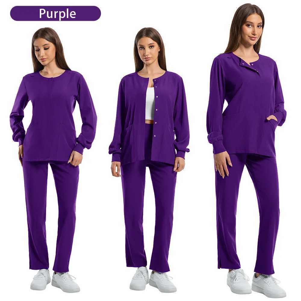 Nurse Uniforms Round Neck Top Scrub Jacket Straight Pants Sets Surgical Workwear Hospital Long Sleeve Snap Front Medical Outfit J251103