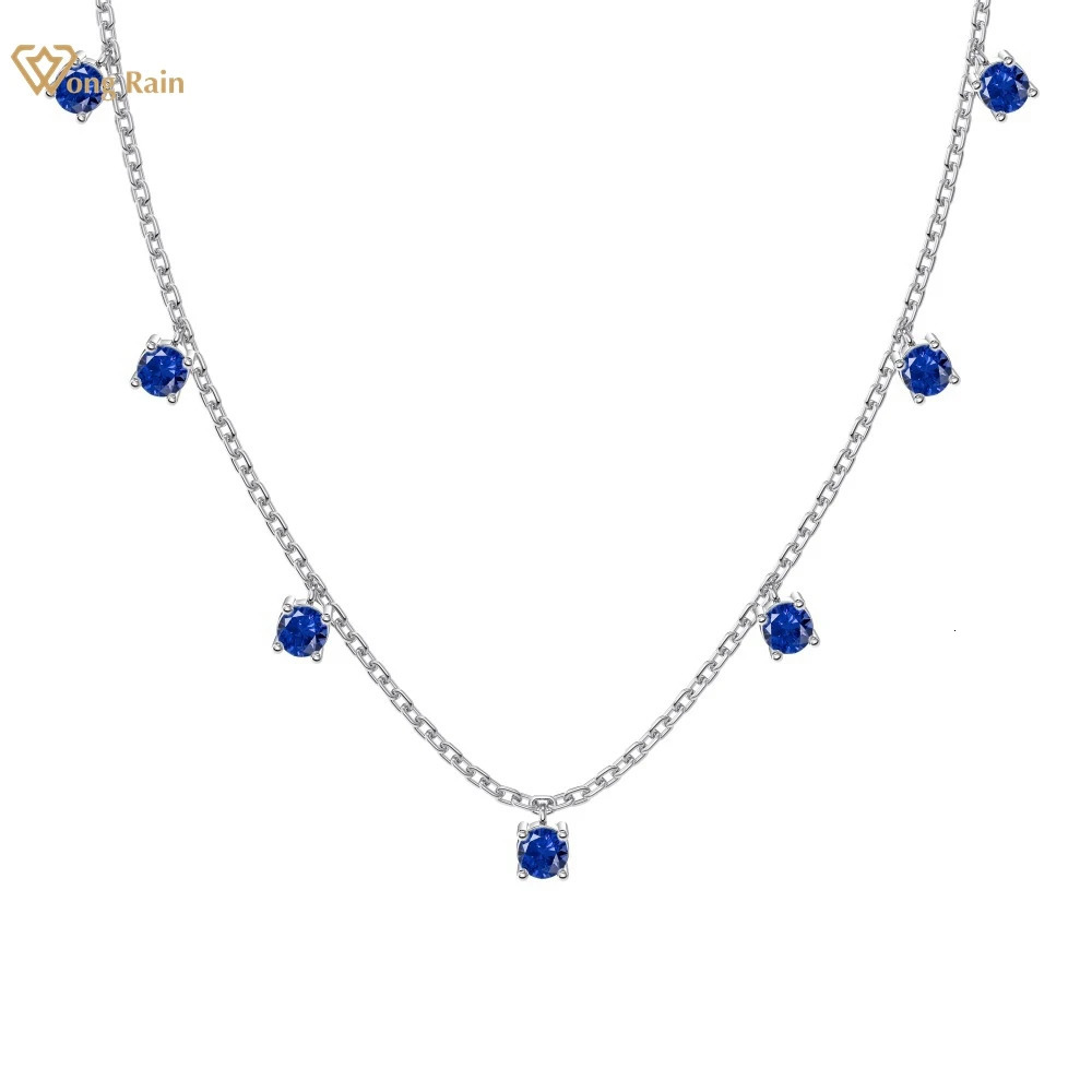Wong Rain 100 925 sterling silver 25MM round cutting laboratory sapphire gemstone pendant necklace womens exquisite jewelry gift wholesale 250328