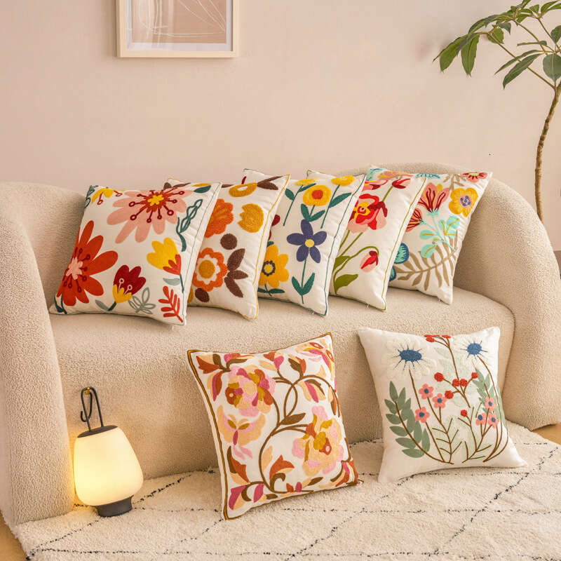 New Towel Embroidered Pillowcase Pastoral Style Canvas Sofa Pillow Home Bedside Bay Window Cushion Office Lumbar Support