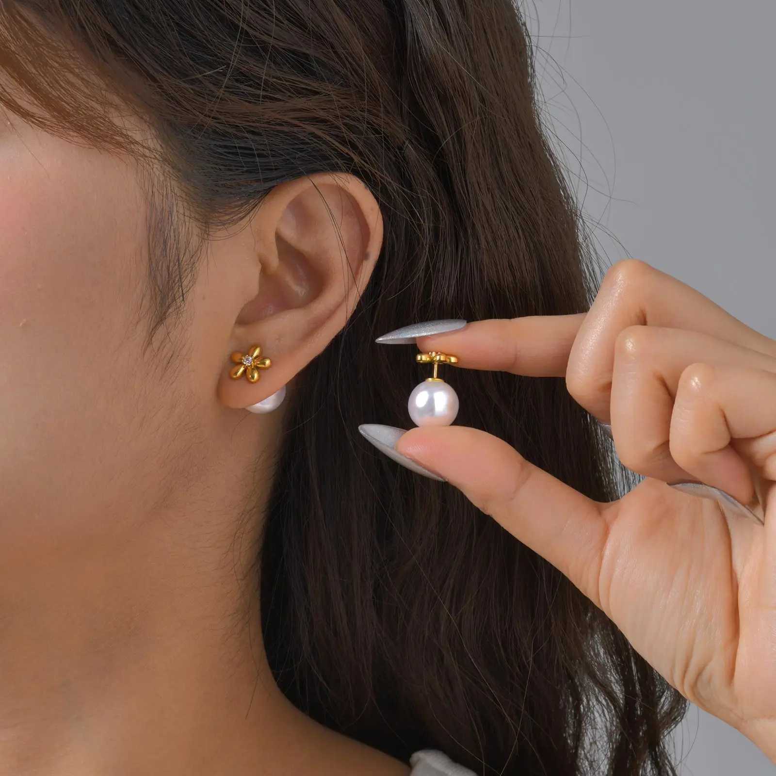 Zircon Flower Imitation Pearl Earrings for Women Stainless Steel Gold Plated Stud Earrings Fashion Waterproof Daily Jewelry C251103