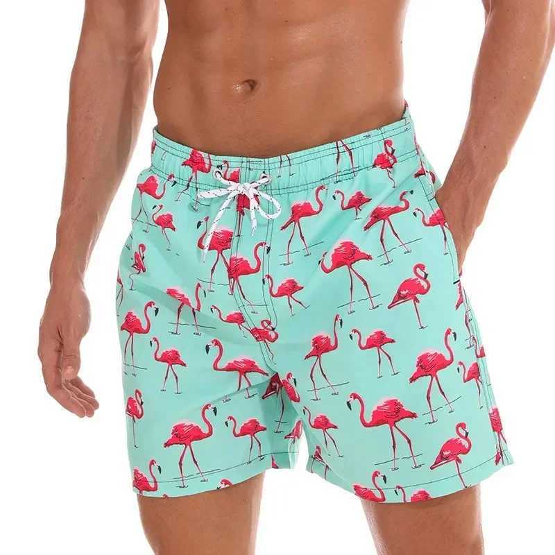 Summer mens hot fashion quick drying beach pants flamingo 3D printed swimming shorts stretch waist rope Hawaiian style holiday W250403