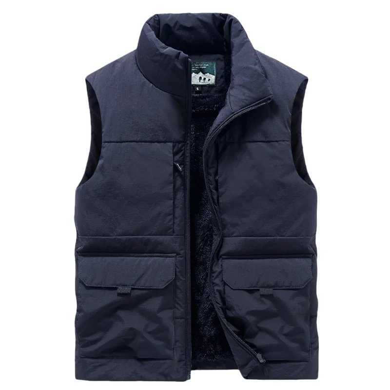 Autumn Winter Mens Fleece Thickened Outdoor Cargo Vest Plus Size Padded Waistcoat Stand Collar Multi Pocket Casual Warm Vest X250403