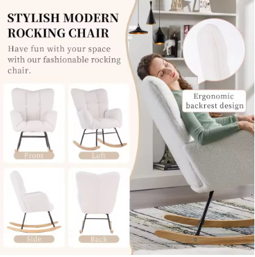 Nursery Rocking Chair Teddy Upholstered Glider Rocker Rocking Accent Chair Padded Seat with High Backrest Armchair Comf