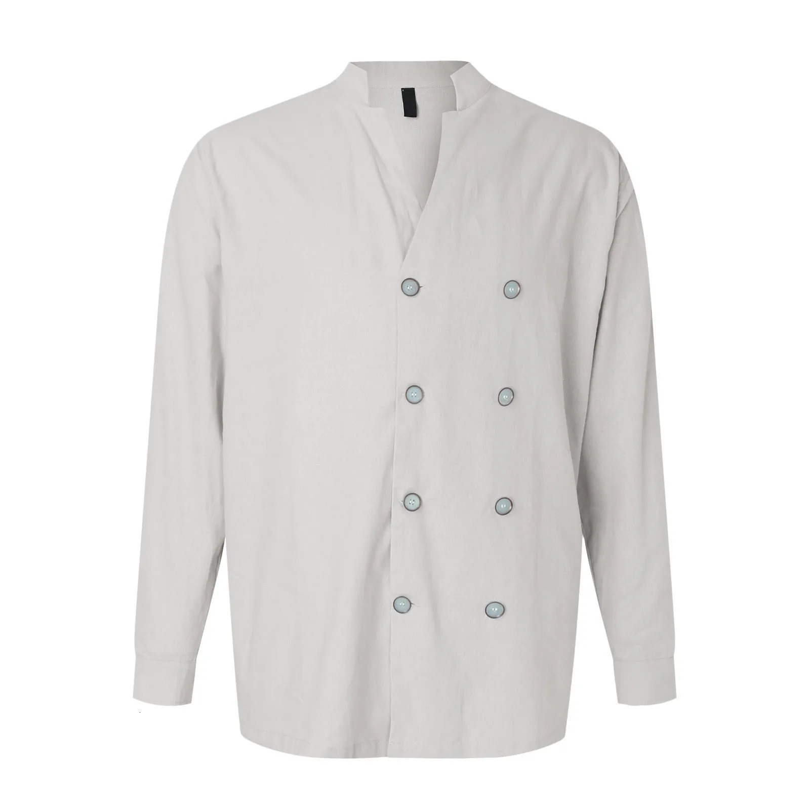 Mens Double Chest Standing Solid Color Long Sleeve Pocket Regular Fit Button Work Shirt Camisa Masculina 250403e