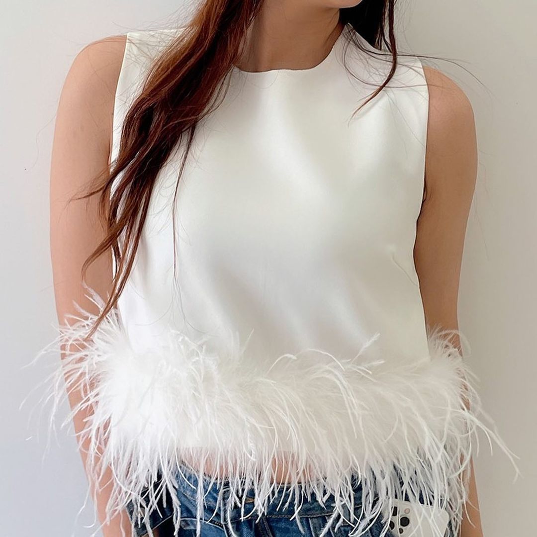 Womens Back Zipper Sleeveless Patchwork Feather Vest TShirt Top 220620 - view 5