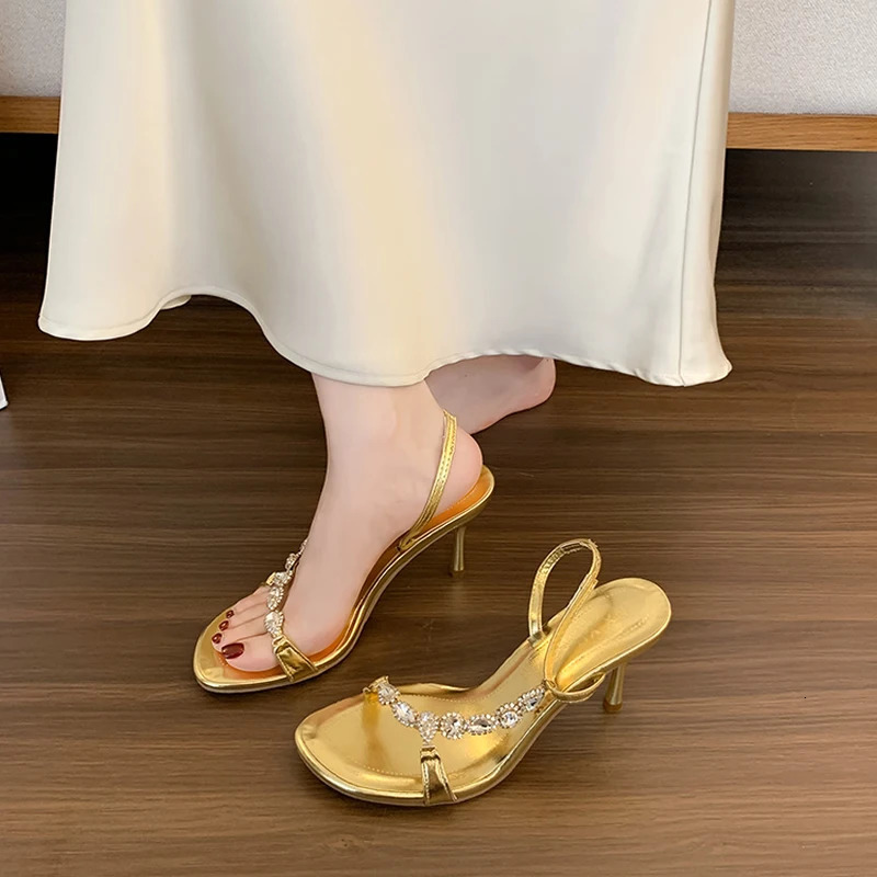 Sleek Strap High Heels Womens Spring Open Toe Rhinestone Sexy Gold Back Strap Stiletto Shoes round Toe Polyurethane Rubber 251030