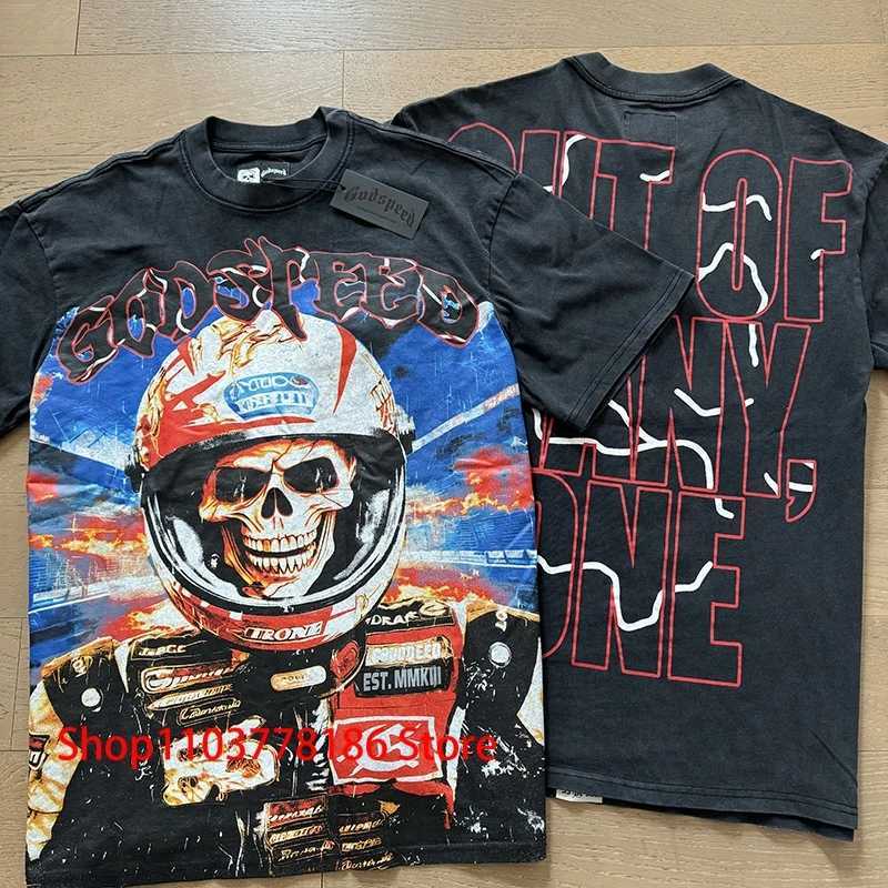 Racing skeleton T-shirt Godspeed short sleeved streetwear original label mens loose casual full matching top T-shirt W250402