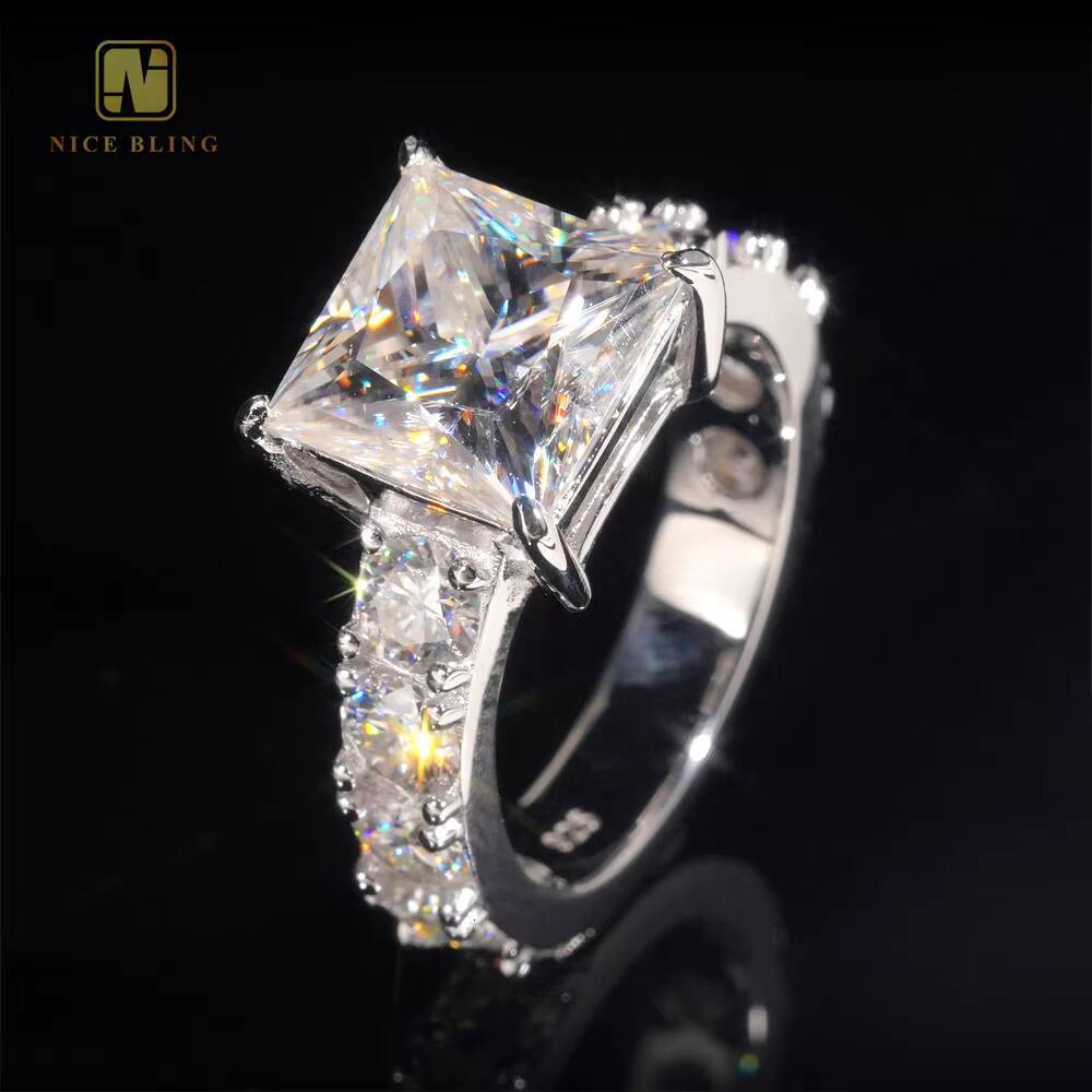 3 Cts Thick Band GRA Certificate 925 Silver Iced Out Princess Cutting Moissanite Diamond Engagement Wedding Band Solitaire Ring