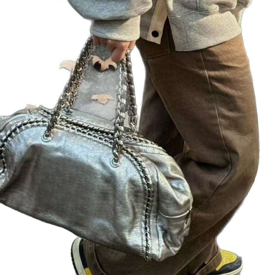 New Vintage Leather Fashion Chain Single Shoulder Underarm Handheld Bowling Bags