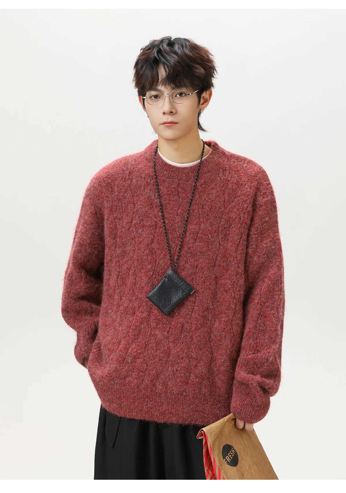 Thickened Mohair Solid-Colour Crew Neck Sweater Top Men Autumn Winter Cable-Knit Textured Knitwear Retro Oversized CardiganT251103