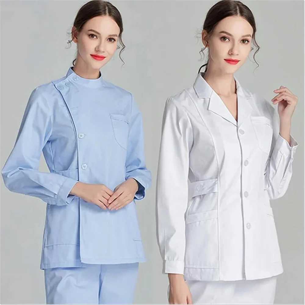 Nurse Blue Long Sleeve Scrubs Top Uniforms Lab Coat Doctor Uniform for Women Outwear Medical Clothing Beauty Salon workwear J251103