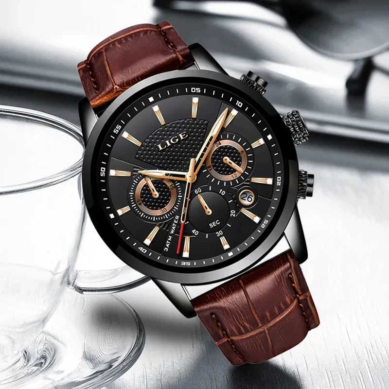 LIGE Mens Watches Luxury Waterproof Military Sport Man Watch Chronograph Genuine Leather Men Quartz Wristwatch Relogio MasculinoW251104