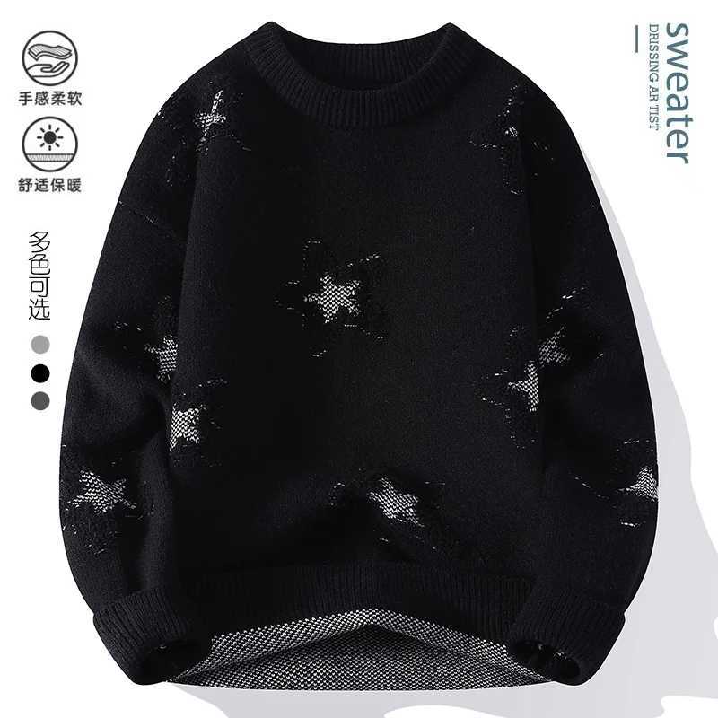 Solid Color Perforated Star Pattern Knitted Sweater Autumn Winter Korean Mens Clothing 2025 Thick Warm Mens TopsT251103