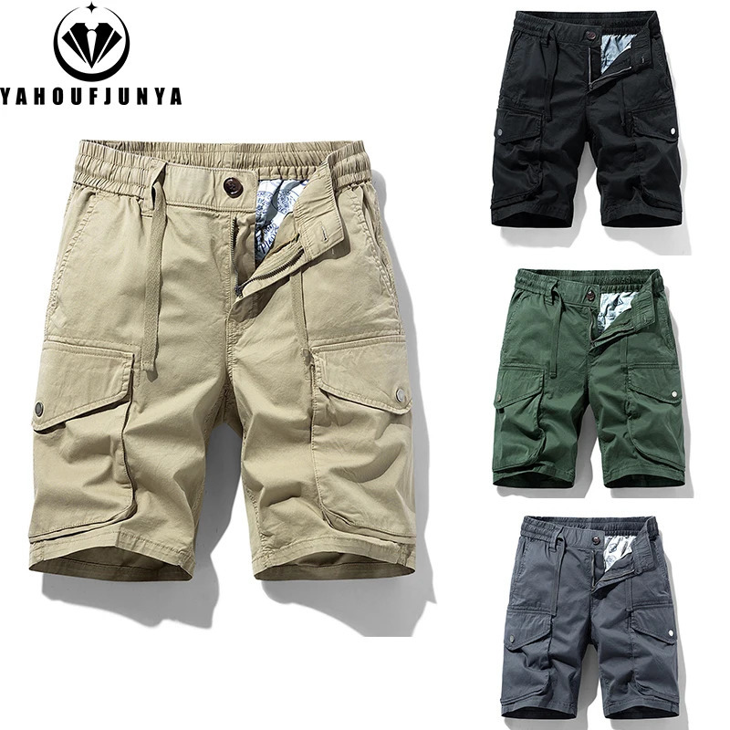 2025 Men Summer Solid Cotton Outdoor Cargo Leisure Shorts Men Drawstring Buttons Straight Loose Fashion Short Male Pants 250509