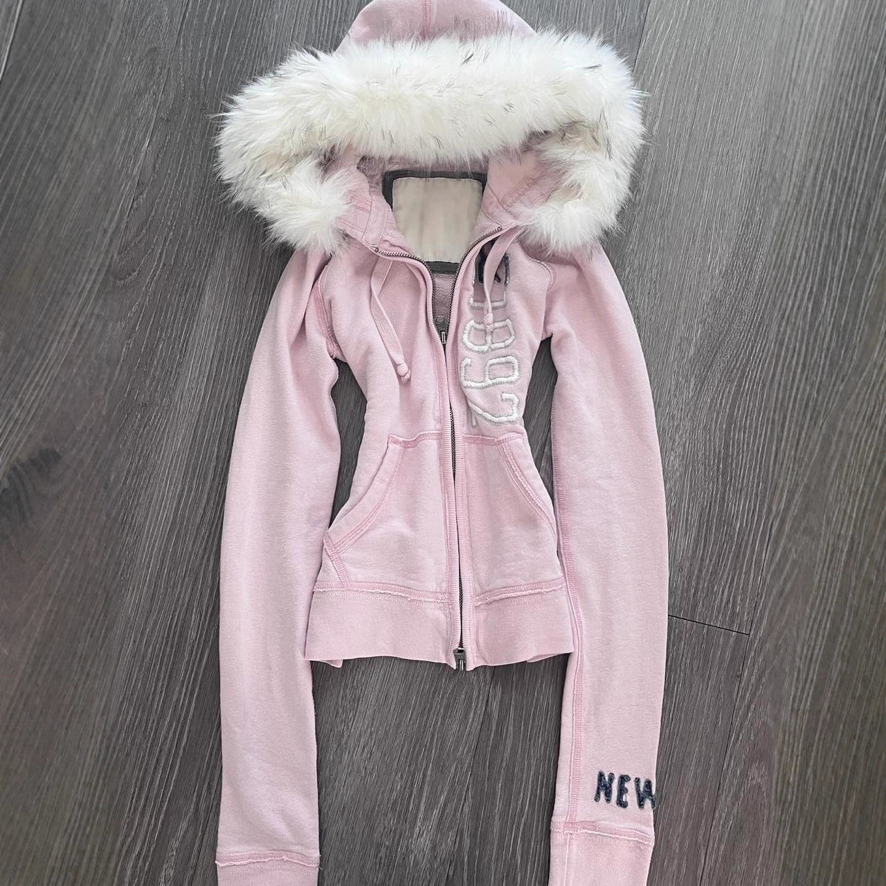 American Vintage Pink Plush American Style Fur Collar Hooded WaistCinching Womens Y2K Sweatshirt Jacket y250909