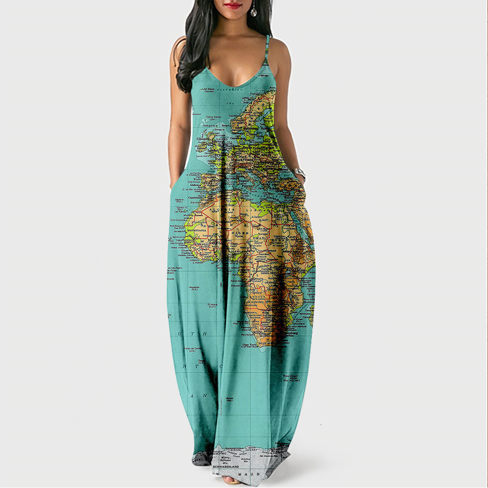 2022 New Summer Cool Style Strap Long Dress Map Digital Print Elegant Street Dress 230330