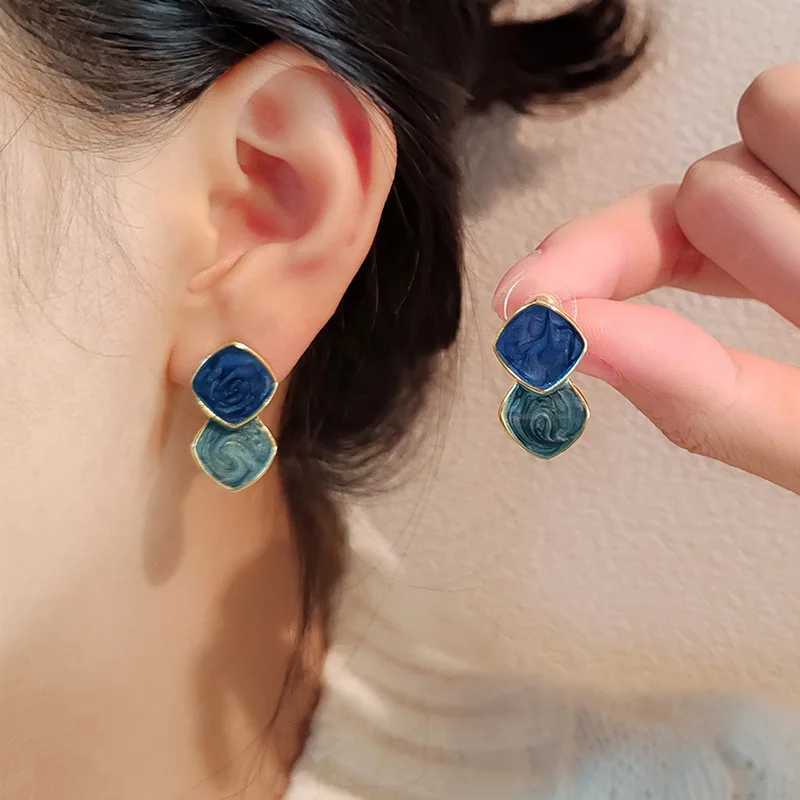 Bohemian Square Blue Zircon Stud Earrings For Women Fashion Enamel Geometric Pendant Earrings Charms Vintage Daily Jewelry Gift C251103
