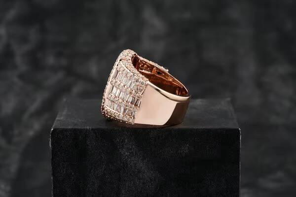 Sparkling Moissanite Hip Hop Ring in 14k Rose Gold for Men Featuring VVS Clarity Round and Baguette Cut Diamonds