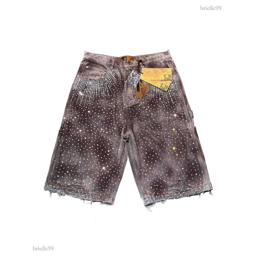 Y2k Retro Washed Brown Gothic Denim Shorts Fashion Klein Diamond All Embroidery Men Women Clothing Jorts Baggy Streetwear Shorts W250116