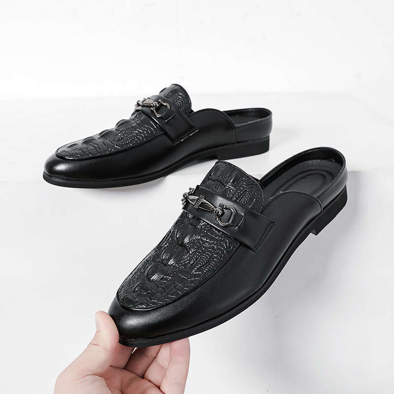 Large men's half slipper leather one foot lazy no heels, bean shoes, Le Fu casual Baotou cool slippers