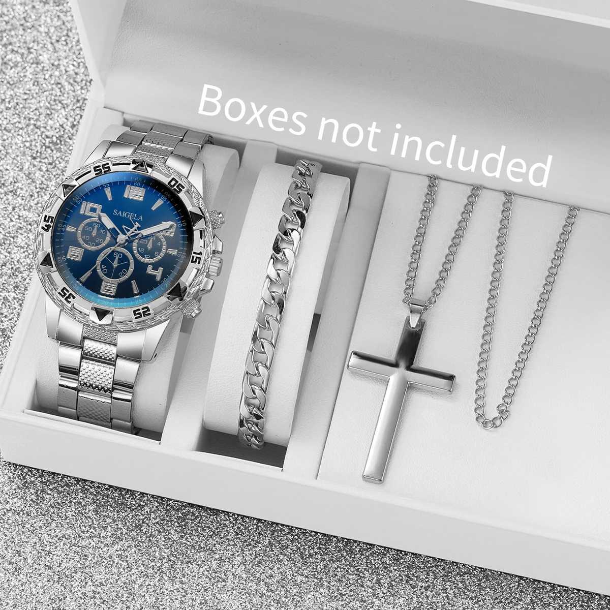 3PCS/Set Fashion Mens Quartz Watch Luxury Large Dial Men Business Watches Necklace Bracelet Set Reloj HombreWithout BoxW251104