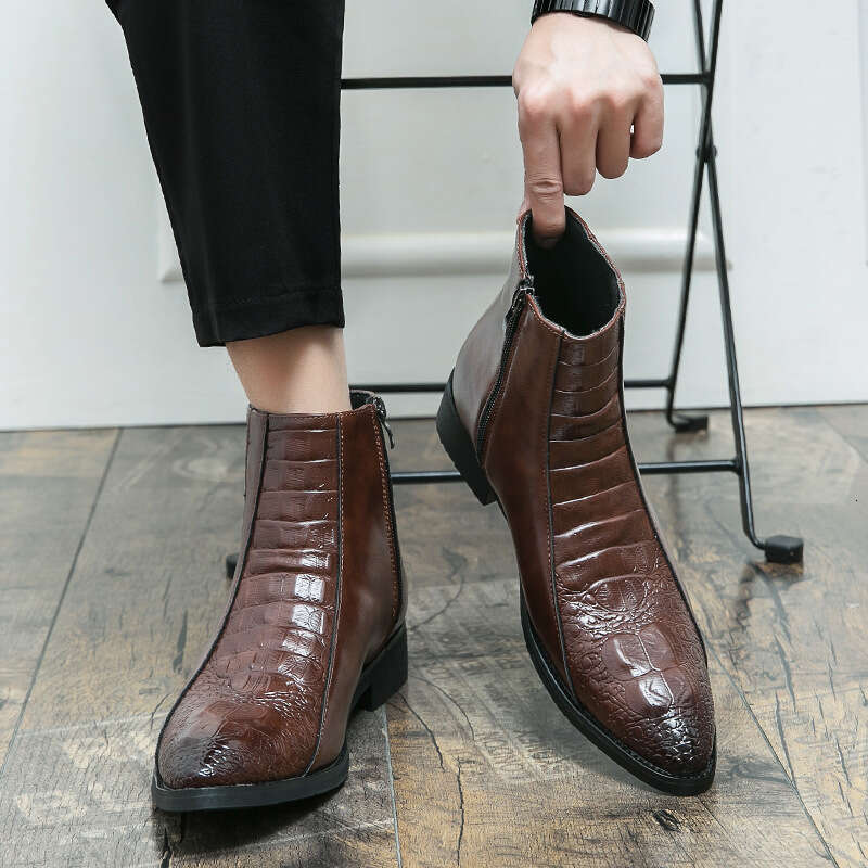 Large size shoes for men, Martin short with zipper covers, leg shoes, men's high top crocodile patterned leather boots