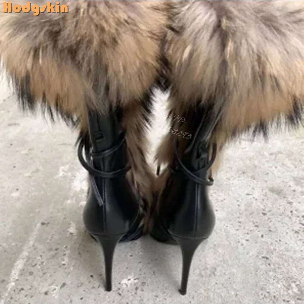 Sexy Faux Fur Strappy Solid Pointed Toe Lace-up Stiletto Knee-high Boots Thin Heels 2025 Autumn New Women Fashion Shoes