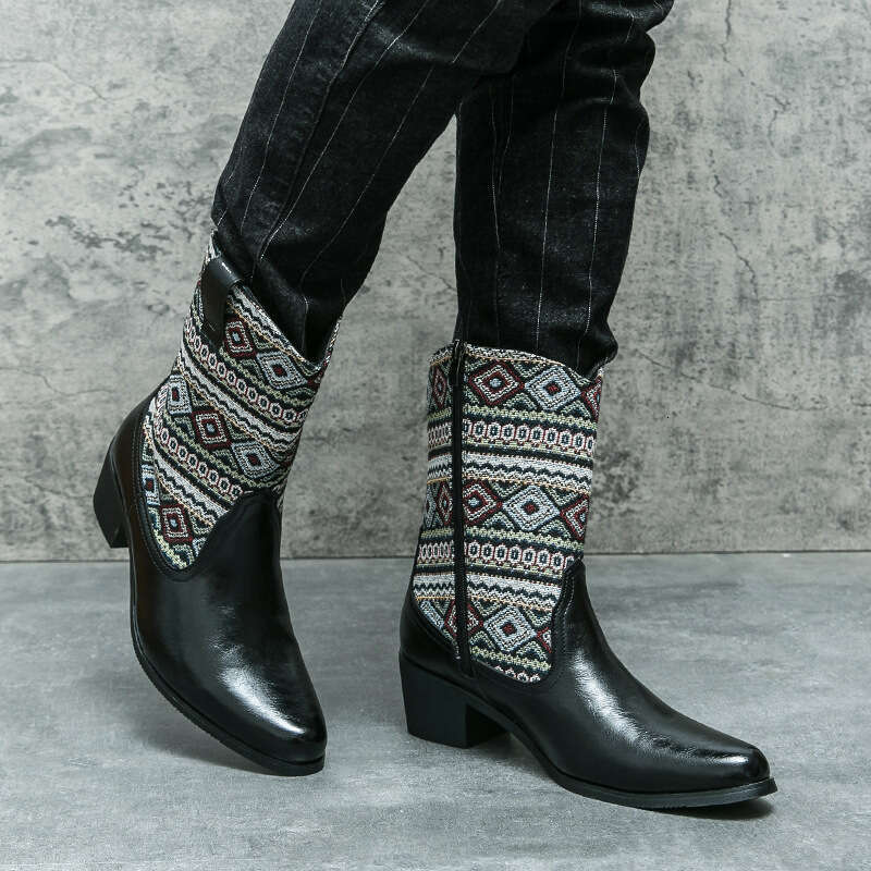 Large high-heeled denim for men, size 38-146, Western style embroidered leather boots, 2023 autumn/winter new short leg men's boots