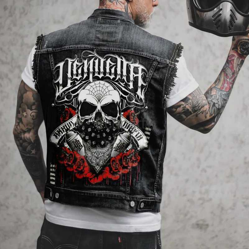 New Mens Fashion Motorcycle Vest Spring Autumn Skull Printed Distressed Hole Sleevless Punk Denim Vest Jackets Black Streetwear X250403