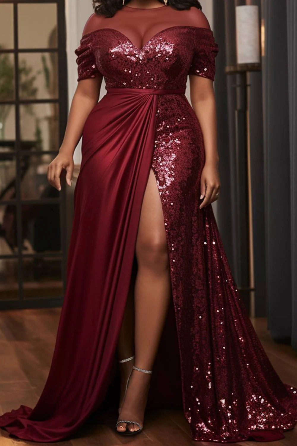 Large size formal satin Burgundy round neck short sleeved contrasting sequin long skirt 250328